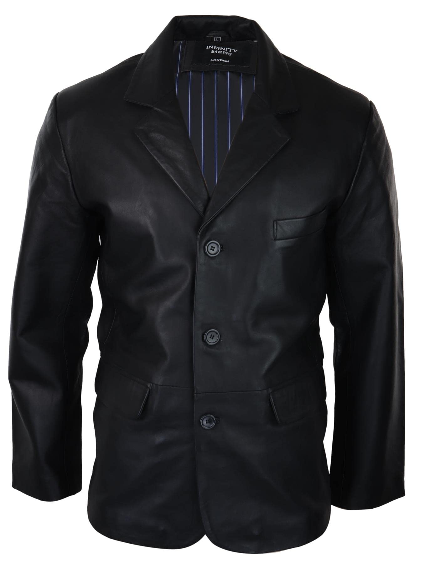 Infinity Herren Lederjacke Echtleder Klassisch Schwarz Vintage Look Knopfleiste Design