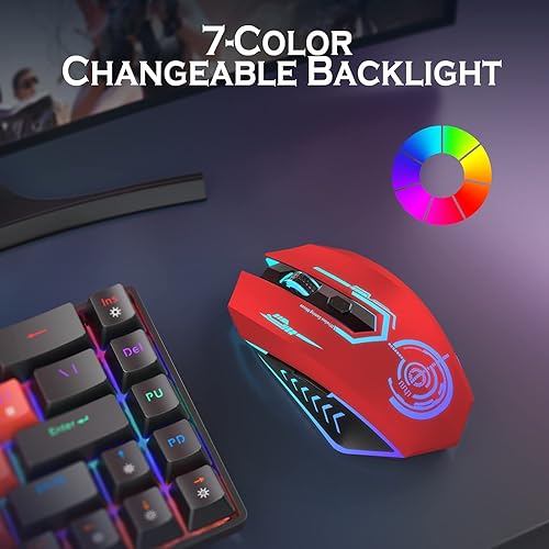 Miniatura 3 de UHURU Mouse para juegos, mouse inalámbrico para juegos con 6 botones, 7 colores LED intercambiables hasta 10000 DPI, mouse USB recargable para PC y