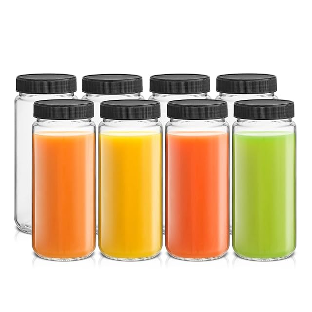 JoyJolt Glass Juice Bottles 16 oz Glass Bottles with Caps Set of 8 Juice Containers with Lids for