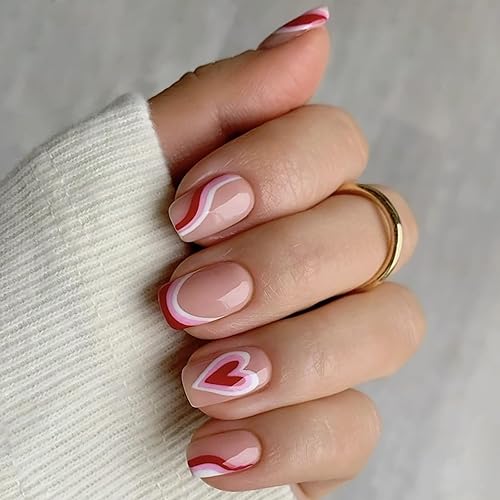 Uñas postizas a presión con forma de corazón, estilo ataúd, San Valentín, 24 unidades, uñas postizas para el día de San Valentín con puntas