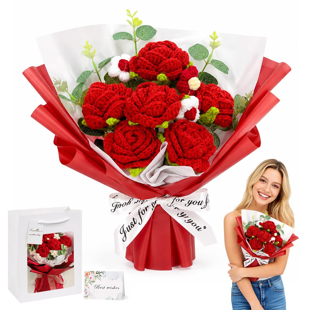 Wxeadu Crochet Flowers Bouquet, Handmade Crochet Flower Bouquet with Gift Bag & Card, Knitted Flowers Mom/Anniversary/Graduation/Home Decoration/Wedding (Red)