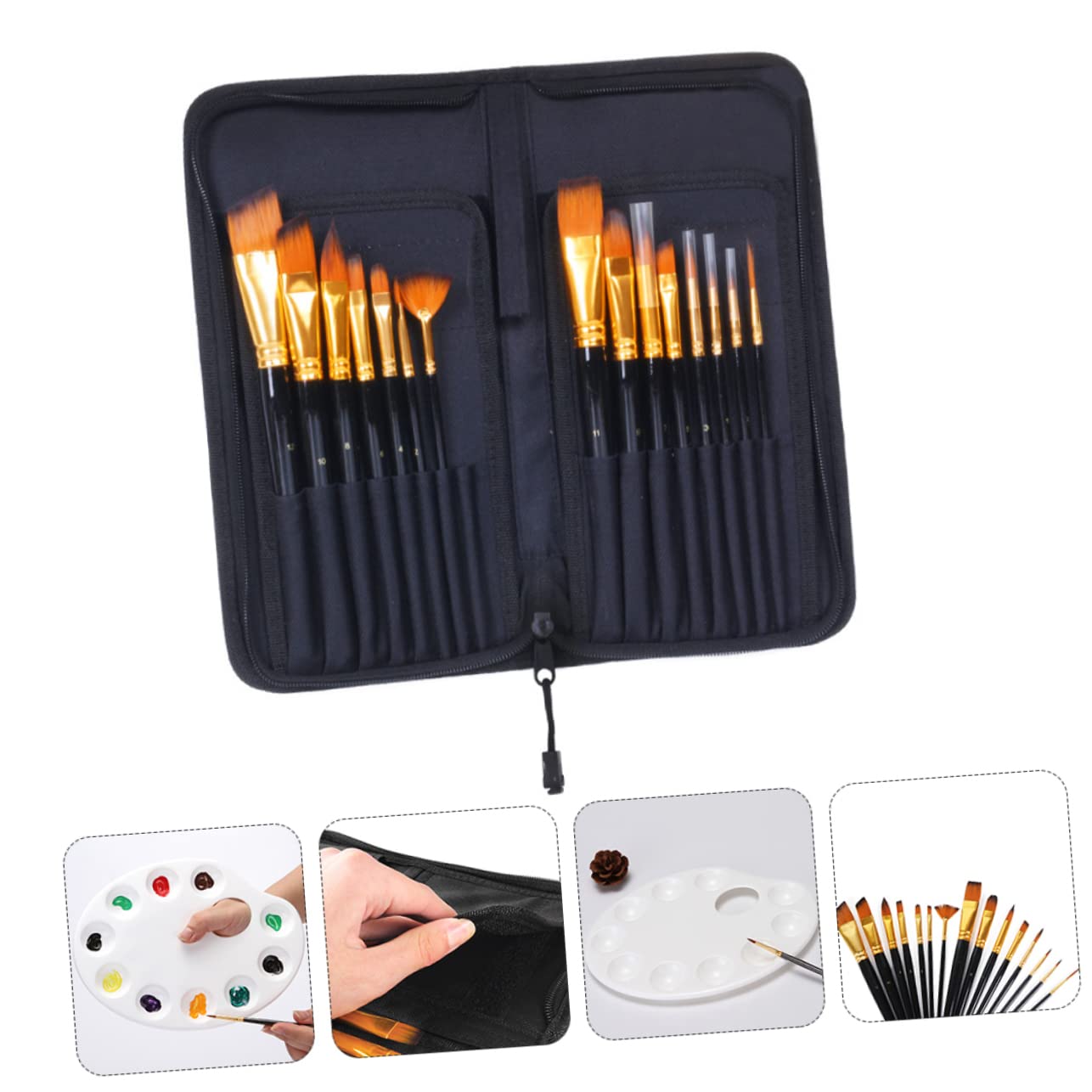 Juego de Pinceles de Pintura Portátil para Niños 15 Piezas Negro