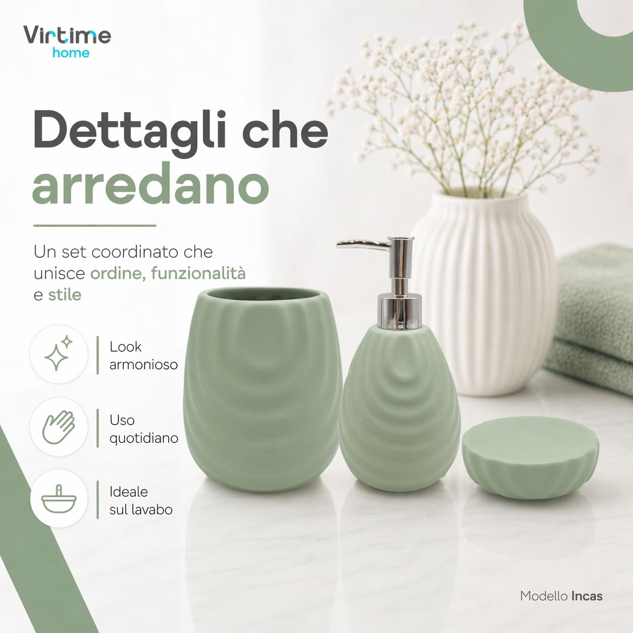 Set Accessori Bagno 3 Pezzi in Ceramica Lucida Modello Incas, Dispenser Sapone Liquido, Porta Spazzolini e Porta Saponetta (verde)