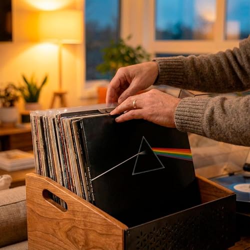 Miniatura 4 de Keep Them Spinning - Caja De Vinilos Madera Porta Vinilos Estantes Para Discos De Vinilo Soporte De Discos Revistas Libros Expositor Discos De Vinilo Accesorio De Vinilo V-Batea Walnut