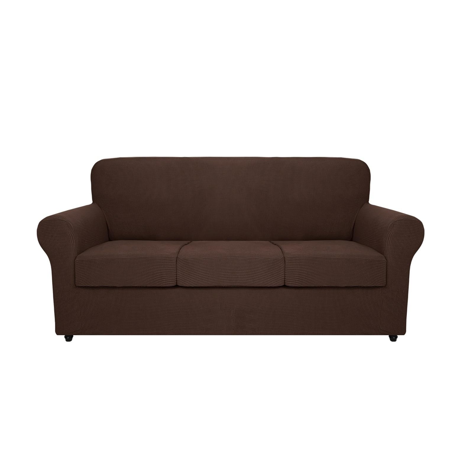 Housse de canapé élastique marron pour rénover un vieux canapé 3 places