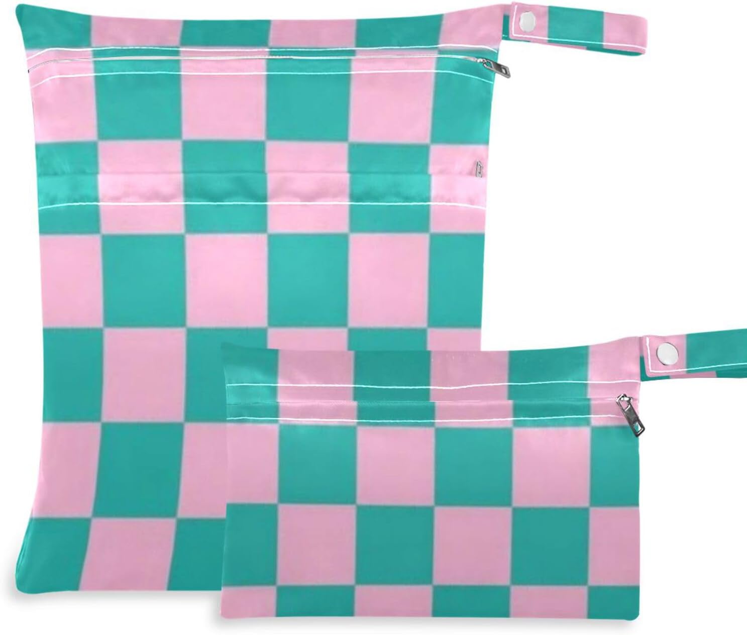 Pink Green Checkerboard waterproof wet clothes bag 2 Pack travel essentials for babies with handles for pool, bathing