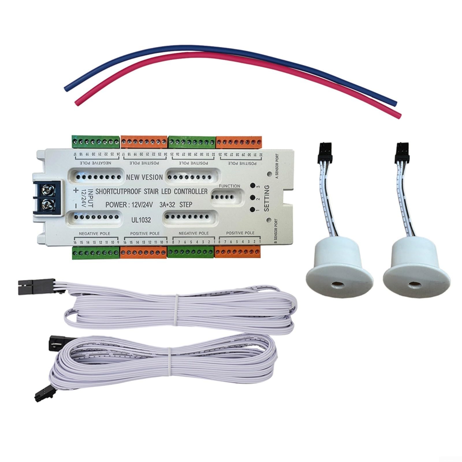 32 Channel LED Stair Light Motion Sensor Controller Kit, DC 12V-24V ABS Housing With Dual A/B Sensors, Adjustable Brightness And Flow Speed, Indoor Step Lighting System For Home