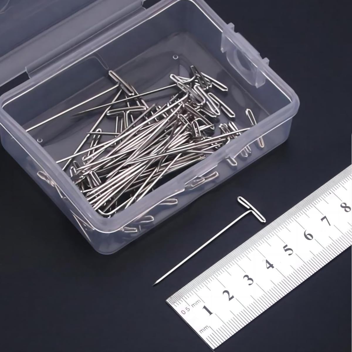 200 Pcs T Pins Wig for Mannequin Head,Straight Pin Stainless Steel Blocking Knitting with Plastic Clear Box(53 mm/2 inch)
