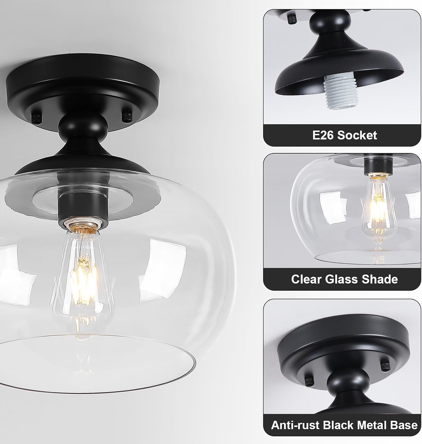 Modern Semi Flush Mount Ceiling Light, 11.8" Black Ceiling Light Fixture with Clear Glass Shade, Industrial Farmhouse Ceiling Lamp for Entryway, Hallway, Kitchen, 1-Light E26 Base