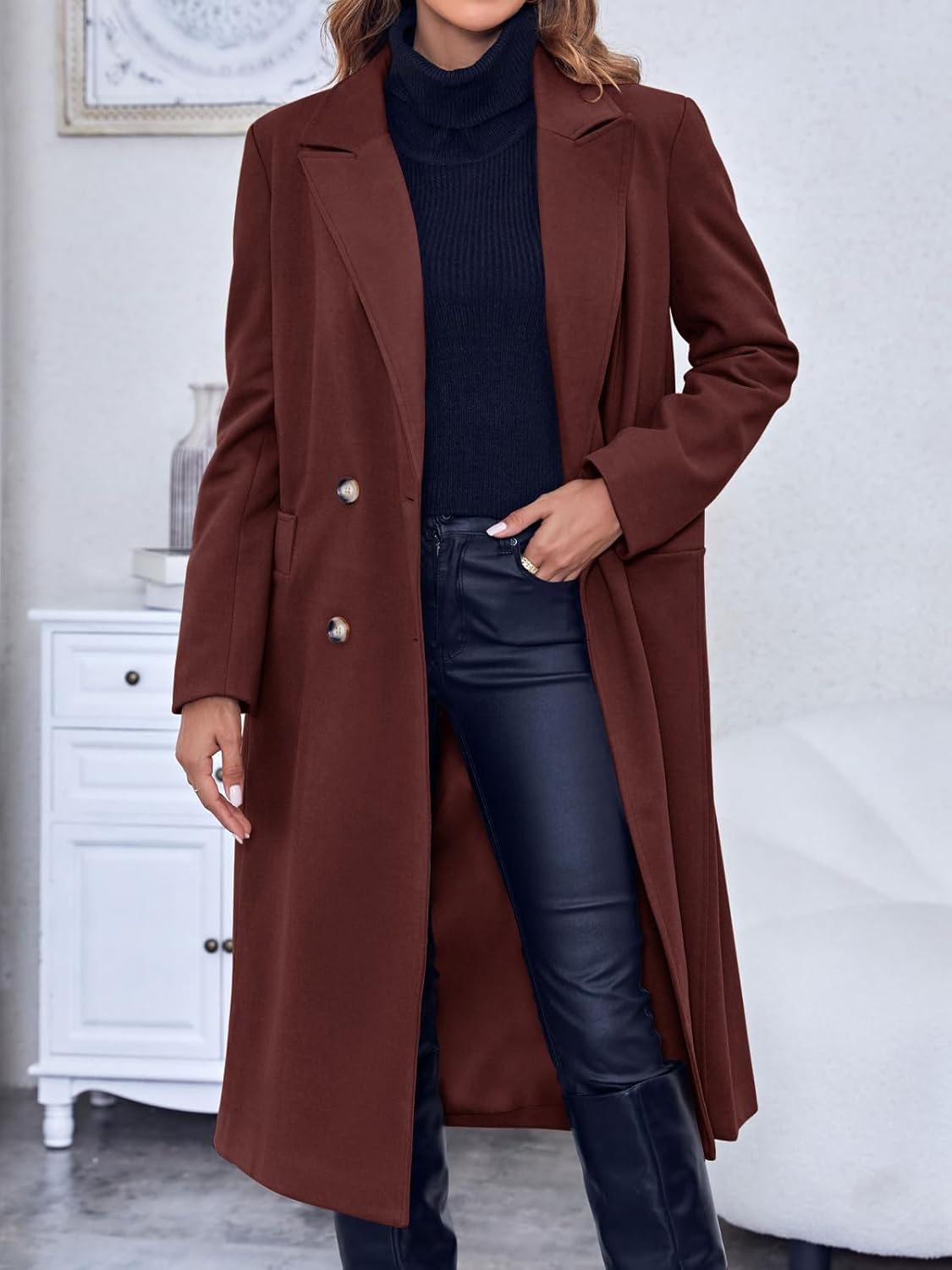 Saodimallsu Womens Winter Double Breasted Pea Coats Long Trench Coat Casual Work Office Overcoat with Pocket - Image 3
