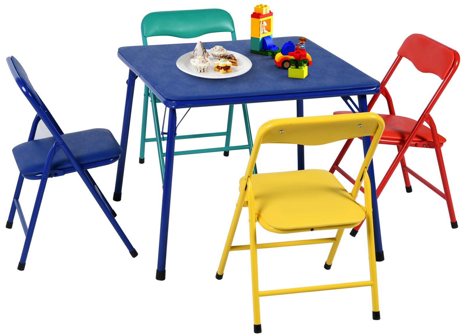 FurnitureR 5-Piece Kids Folding Table and Chairs Set, Small Foldable Square Table and Chair, Multicolour PVC Padded Seats, Metal Frame, Ideal for Preschool, Activities, and Small Spaces
