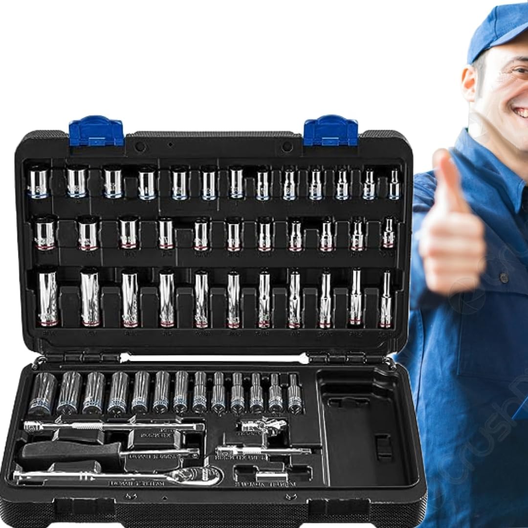 SAE and Metric Master Socket Set in its carrying case with a person giving a thumbs up in the background.
