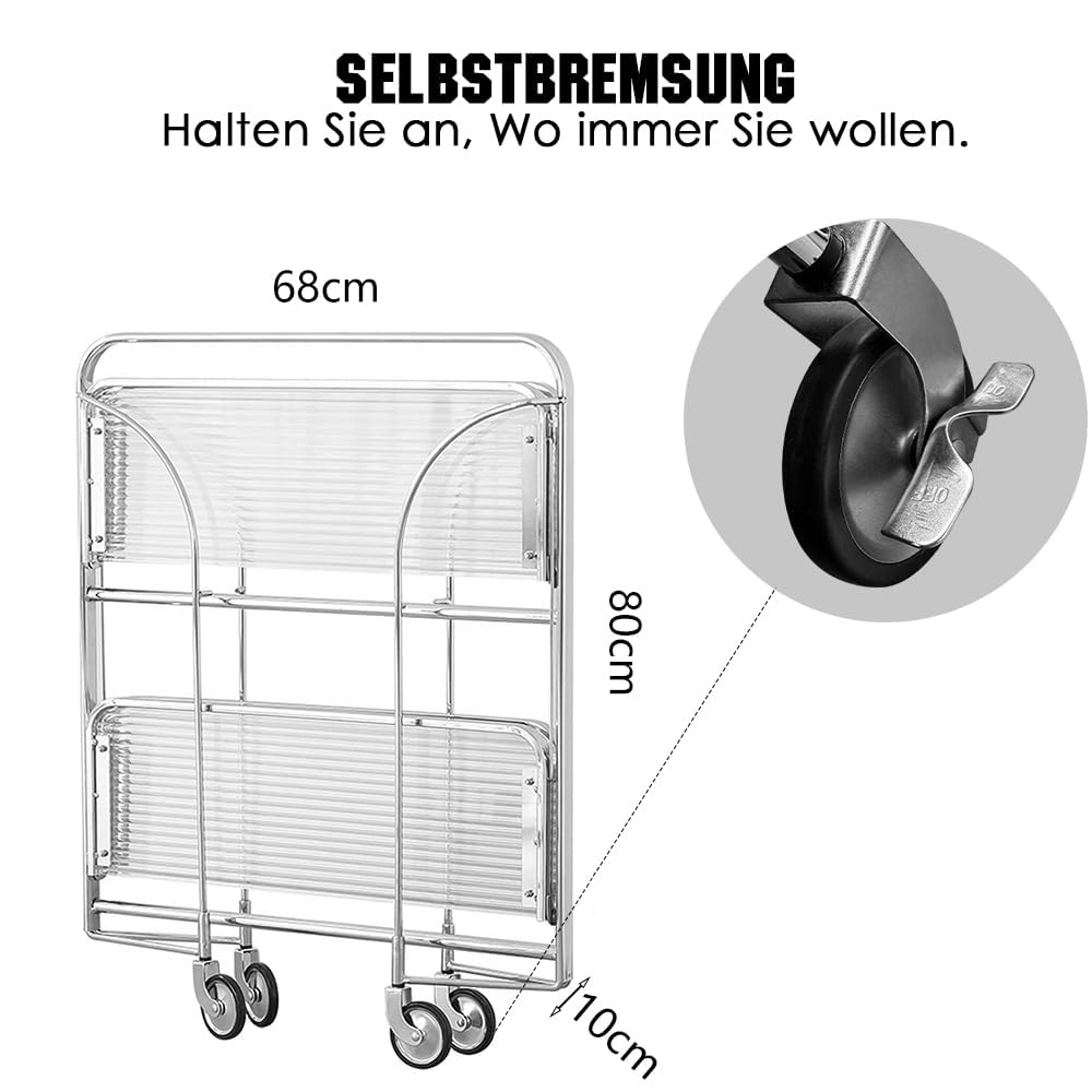 Servierwagen mit Rollen, Servierwagen Klappbar, Dinett 2 Tier Ablagekorb aus Temperglas with Wheels, für Küche, Barwagen, Rollwagen Metall, Teewagen, Weinwagen, moderner Getränkewagen