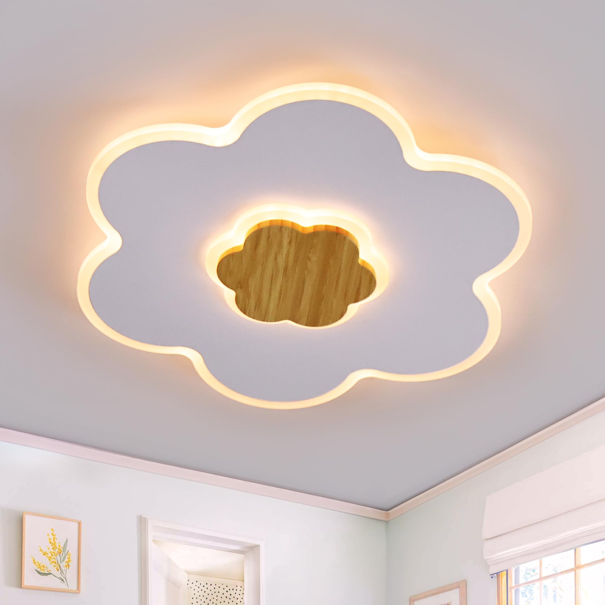 LUOLONG LED Deckenleuchte Kinder Deckenlampe Blumenform Holz Kinderzimmer Deckenleuchten Dimmbar 3000K-6000K 35W 50cm Junge Mädchen Baby Weiß Kinder Schlafzimmer lampe Mit Nachtlichtfunktion