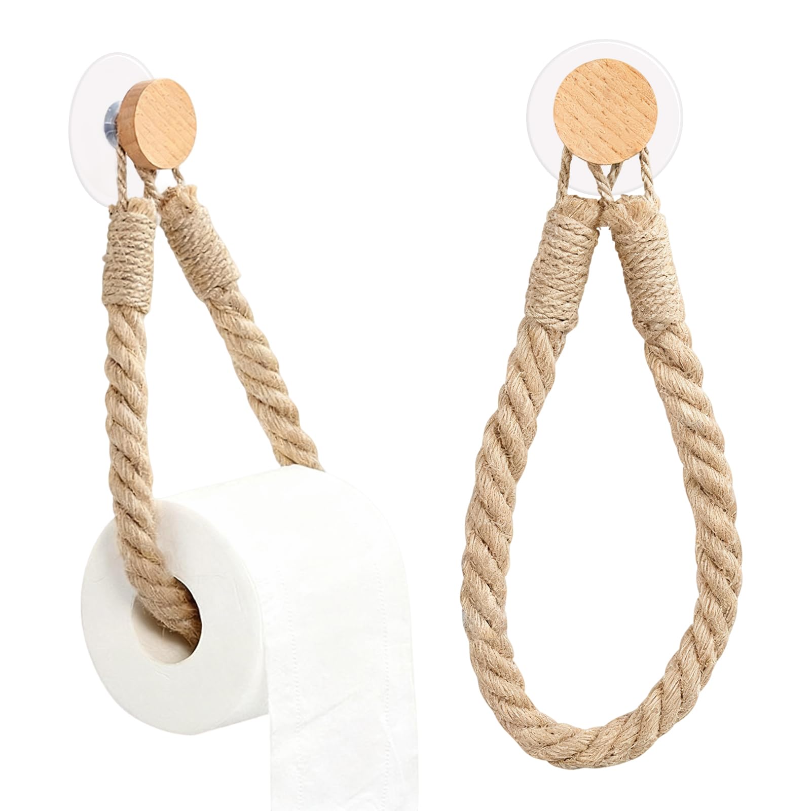 Zhuomengyun Wood Self Adhesive Chunky Rope Toilet Roll Holders, 2 Pcs Rope Toilet Roll Holder En Wall Mounted Tissue String For Bathroom Kitchen Stick On Loo Decor Accessories