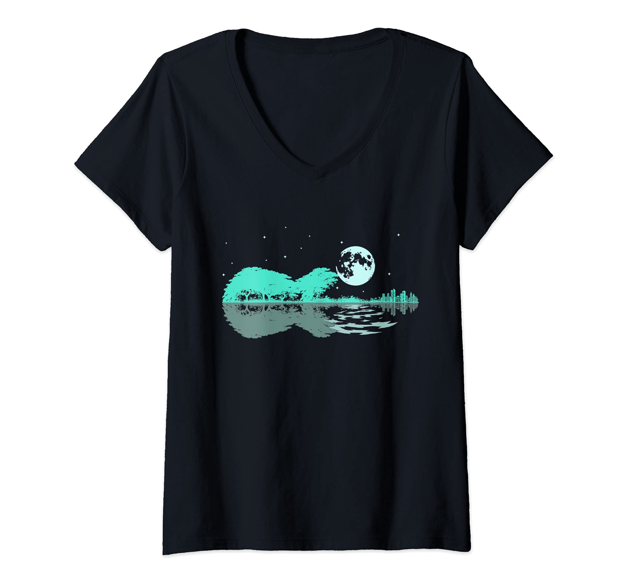 Womens Night Lake Electric Guitar Reflections Guitar Lovers V-Neck T-Shirt, Black