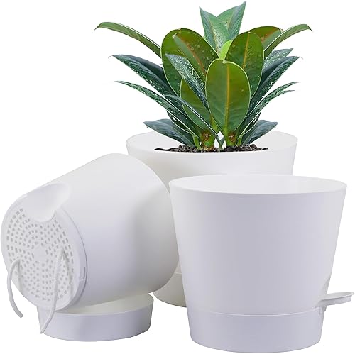 Maceta de riego automático de 1098 pulgadas, juego de 3 macetas de plástico para plantas de interior con agujeros de drenaje, depósito profundo para