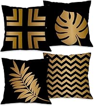 kit 4 Capas de Almofadas Decorativas para Sofá Tamanho 45cm x 45cm Modelo Luxo Folhas Pretas com Dourado