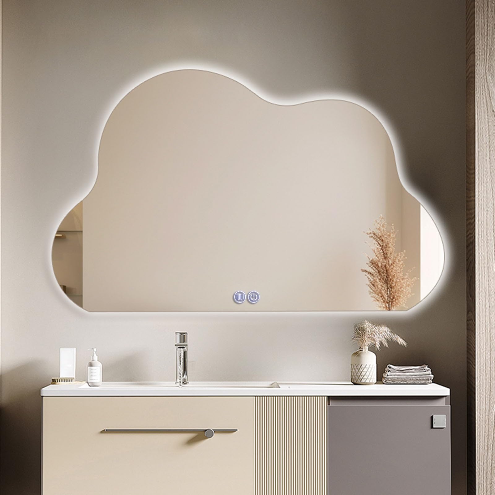 SXFSDOU Lighted Bathroom Mirror, LED Vanity Dimmable, Smart Touch Switch, Anti-fog, Explosion-proof, Irregular Shape