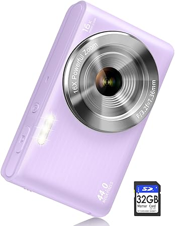 UIKICON Digital Camera Cheap, 4K 44MP Kids Camera with 32GB SD Card, 2.4 Inch Point and Shoot Camera with 16X Digital Zoom, Compact Camera for Kids Teens Boys Girls Adults Students Seniors(Purple3)