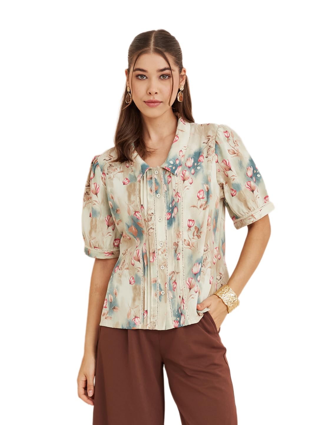 latin quarters Women's Beige Collar Neck Half Sleeves Printed Casual Shirt-picture-30
