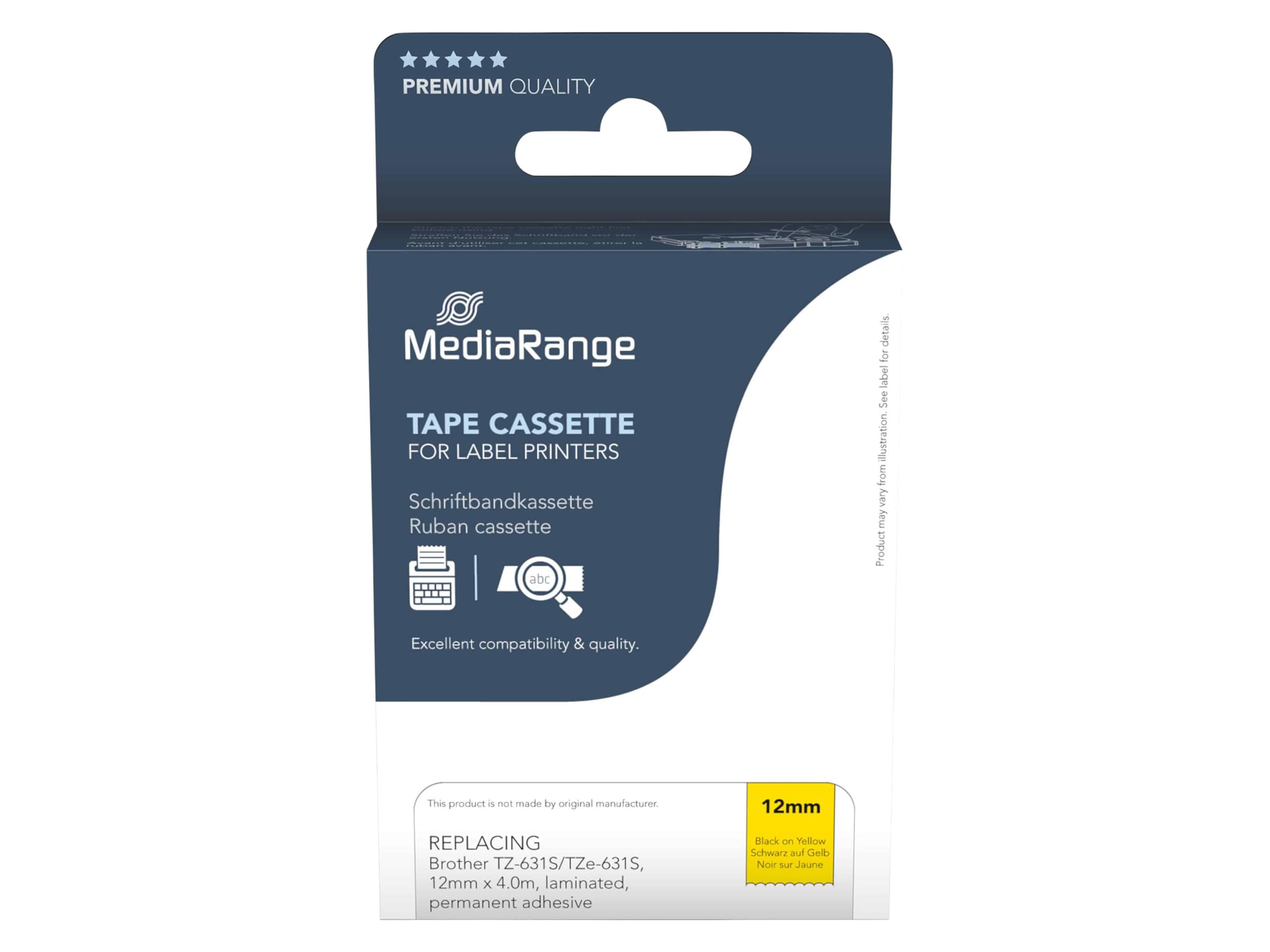 MediaRange Plastic Label Tape Cartridge for Brother TZ-631S/TZe-631S Permanent Adhesive 12 mm 4 m Laminated Black on Yellow