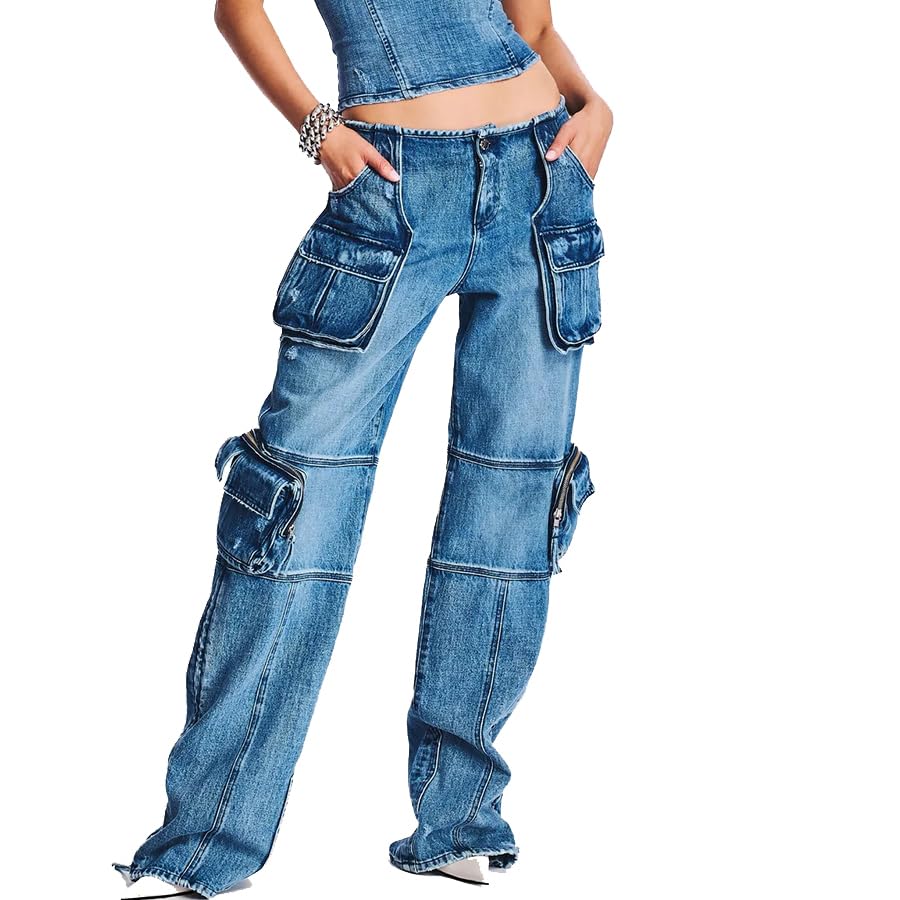 SXHEYUY Women Punk Denim Pants Loose Trousers Cool Girl Streetwear Trousers