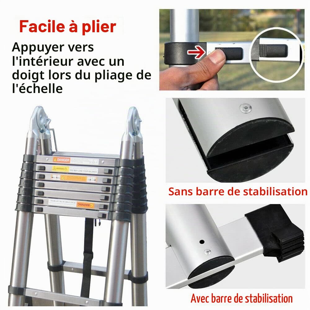 Échelle télescopique de 5m - Antidérapante Echelle Pliante 2 en 1 Echelle Escamotable - Fabriquée en acier Echelle Télescopique Double Plan - charge 150kg - Échelle Escabeau Télescopique(2,5+2,5m)