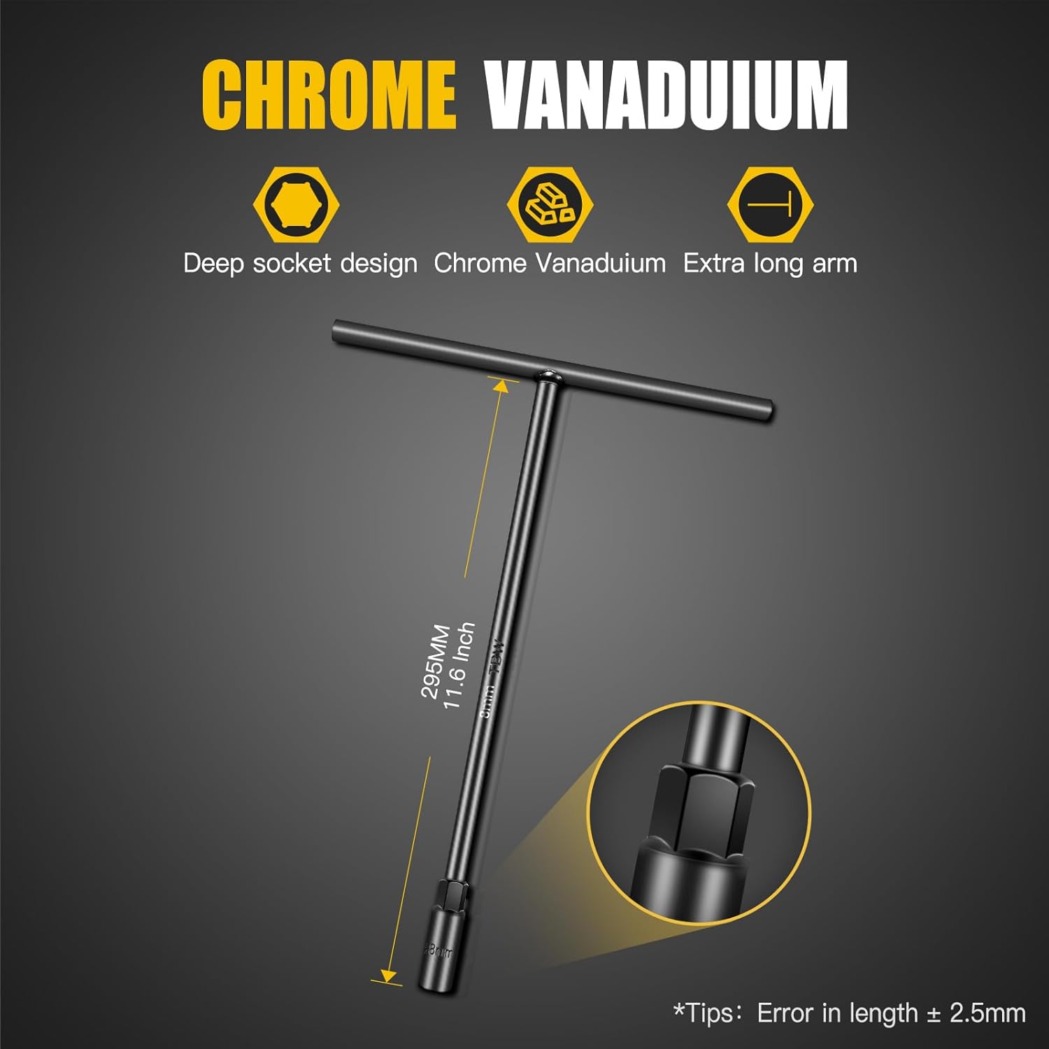 T-Handle Metric Socket Wrench 8MM, 6-Point Chrome Vanadium Steel Hex Socket for Motorcycle Bicycle Repair