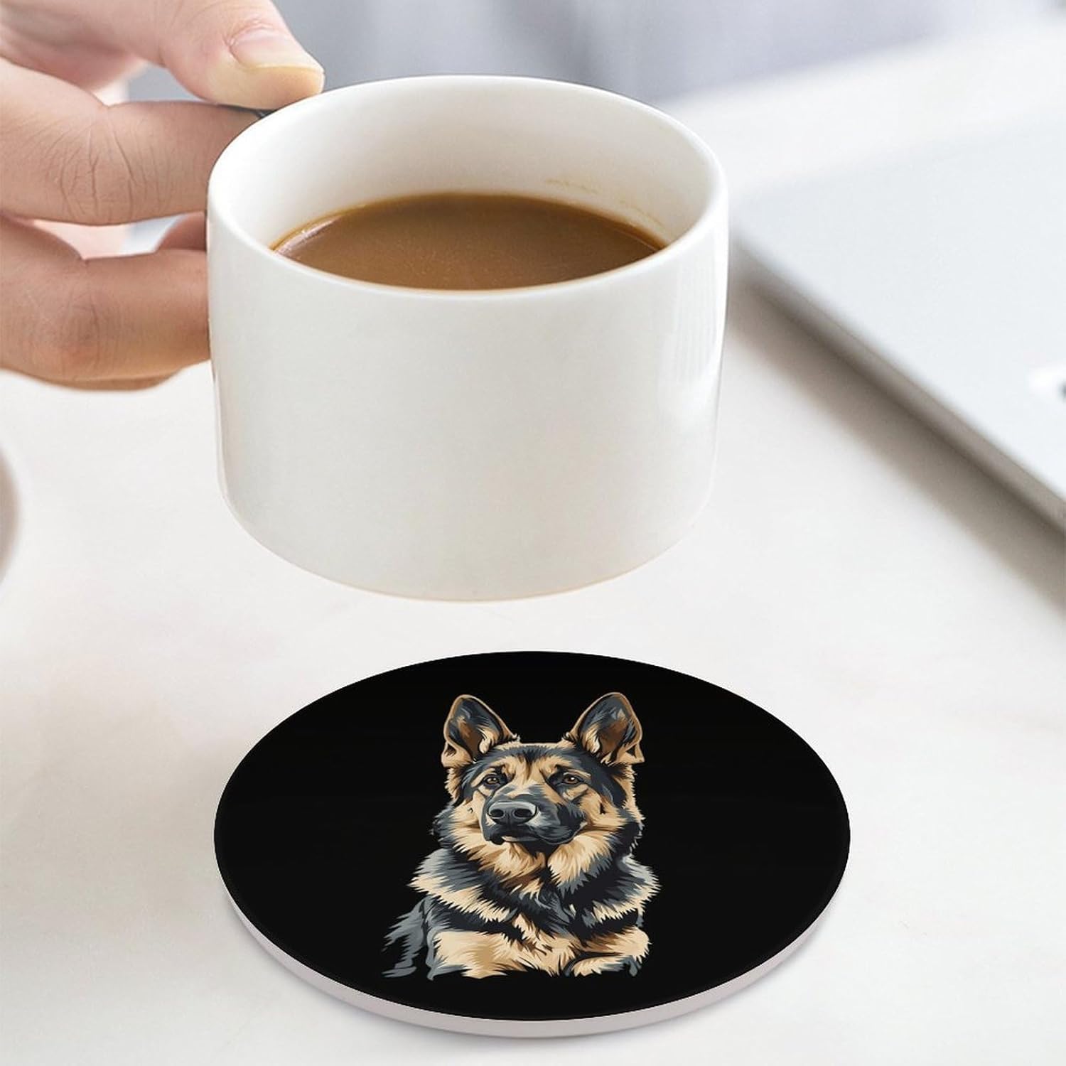 German Shepherd Dog Round Ceramic Coasters Print Drinks Absorbent with Cork Base for Home Decor Gifts 4 Inch