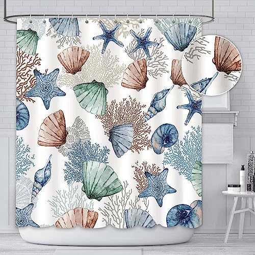 AIBIIN Nautical Coastal Shower Curtain Under The Sea Theme Bathroom Decor Marine Starfish Seashell coral Sea Waterproof Bath Curtain With 12 Hooks Modern Home Bathtub Fabric Decoration 180x180cm - Image 2