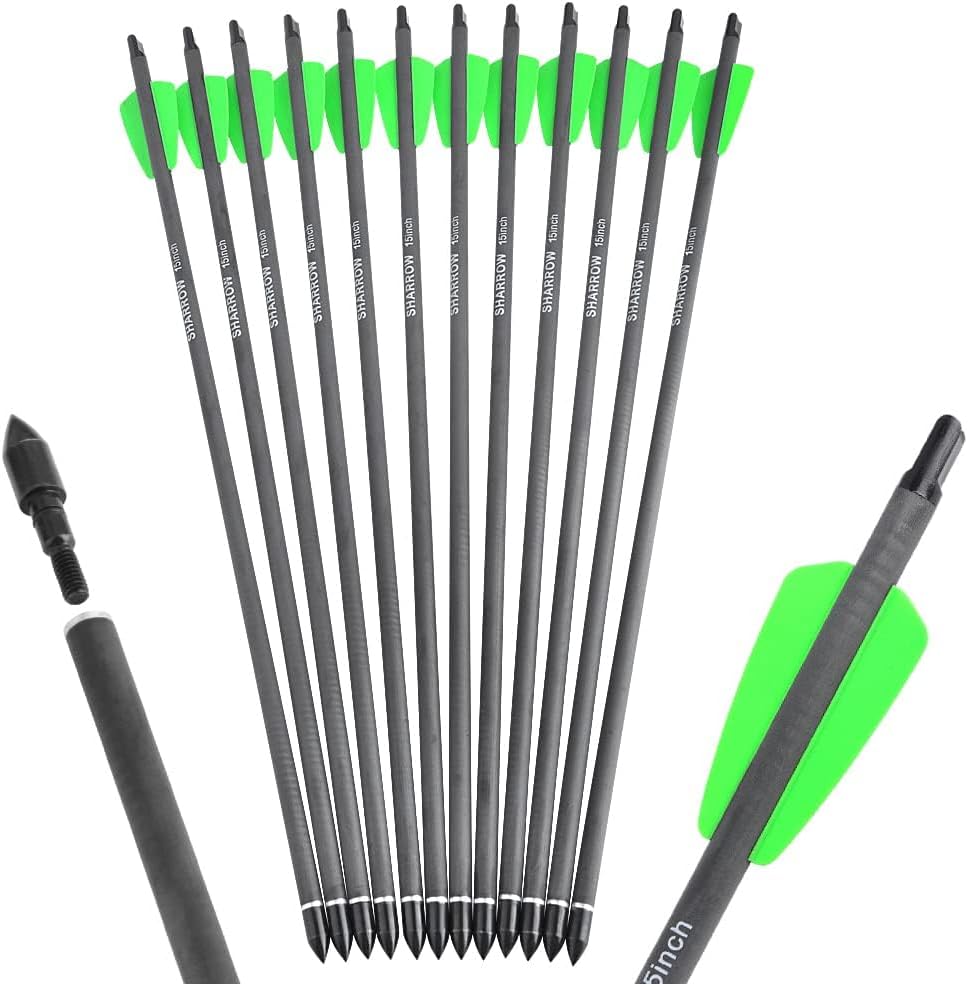 ZSHJGJR Crossbow Bolts 15 Inch Archery Carbon Crossbow Arrows with 100 Grain Removable Tips and Moon Nocks Hunting Archery Arrows 6/12pcs