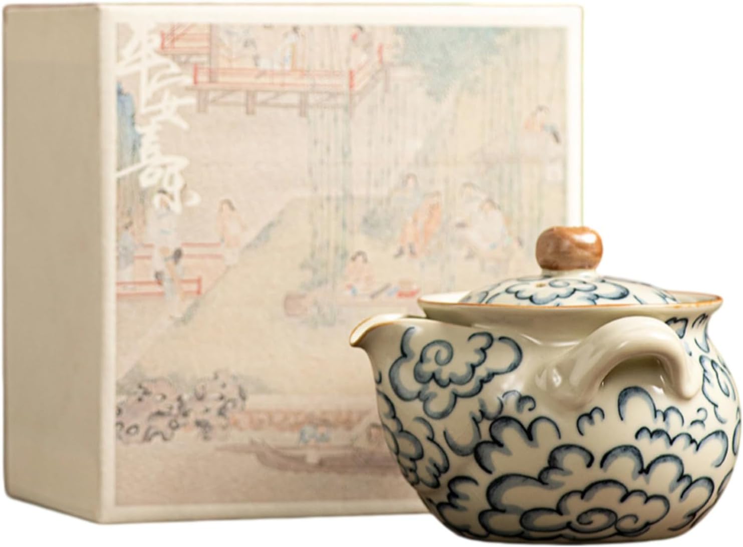 米黄汝窑宝瓶壶祥云印象手抓壶宝手绘仿 Ceramic Kung Fu Tea Set,teapot,Teacups,warming Wedding Birthday Gift,Tea Tray Chinese,Dishwasher Safe 黄汝宝瓶壶（祥云印象）+礼盒200ML