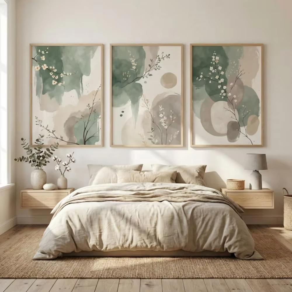 DFZEWKI Quadro astratto giapponese con foglie, verde salvia, beige, decorazione zen moderna su tela, ideale per soggiorno e camera da letto (70x100 cm (28x39 pollici) x 3 pezzi/senza cornice)