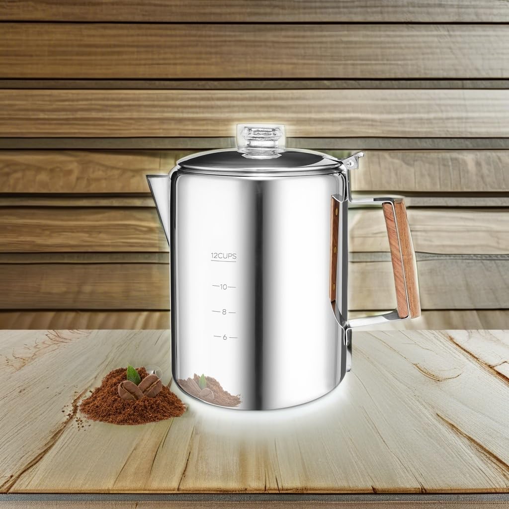 MEREZA Cafetera de 12 tazas para camping, cafetera no eléctrica, cafetera de acero inoxidable, para exteriores, hogar, sin aluminio ni plástico, preparación rápida