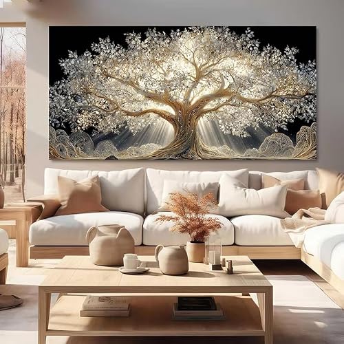 AEFOUU Modern Abstract Printing Golden Tree and Mountain Canvas Painting, Large Wall Pictures Elegant Living Room Bedroom Decor(40x80cm/16x32in/Frameless)