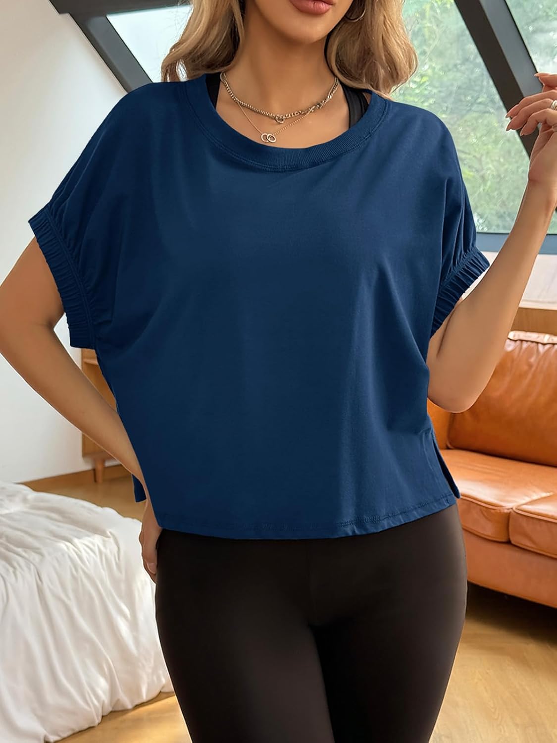 Fisoew Womens Oversized Workout Tops Short Sleeve Elastic Cuff Loose Fit T Shirt Cropped Active Tee Gym Running Shirts - Image 3