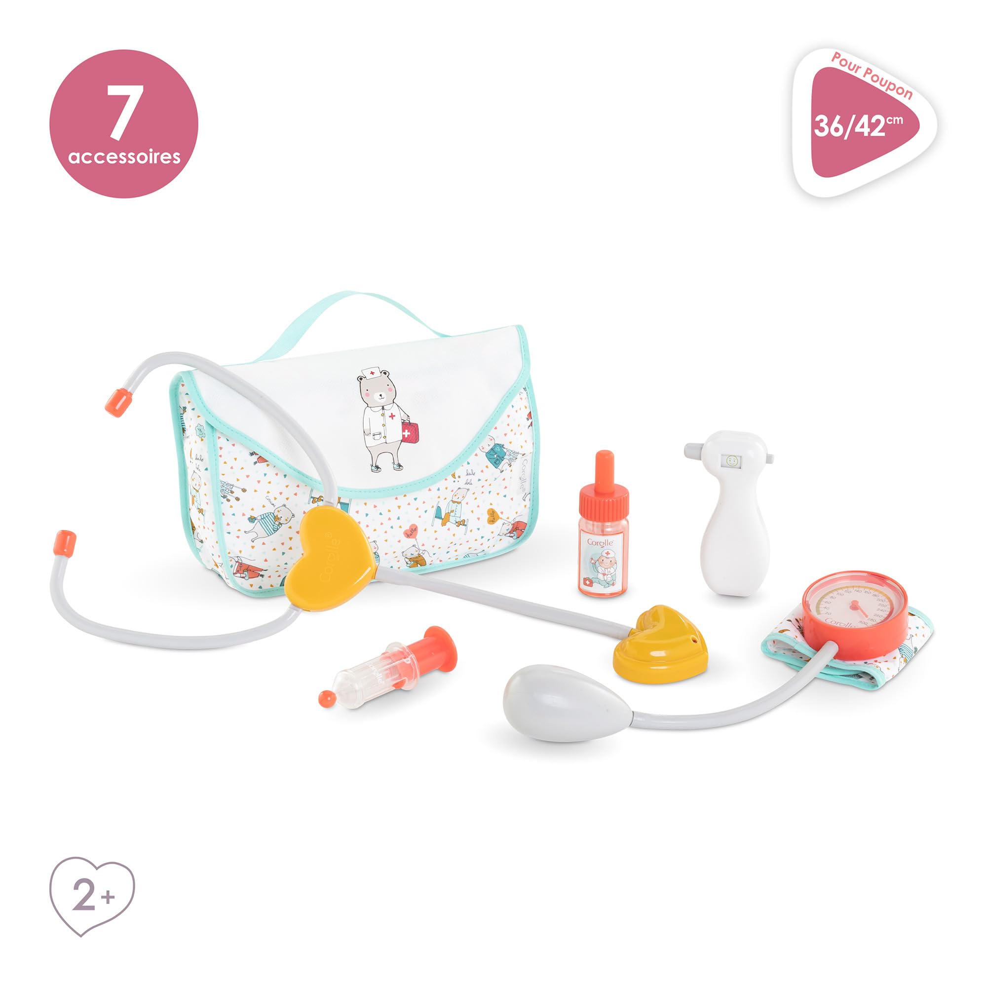 Corolle Set de 6 Piezas de esfigmomanómetro, jeringa, Estetoscopio con función, para muñecas de 30-42 cm, a Partir de 18 Meses