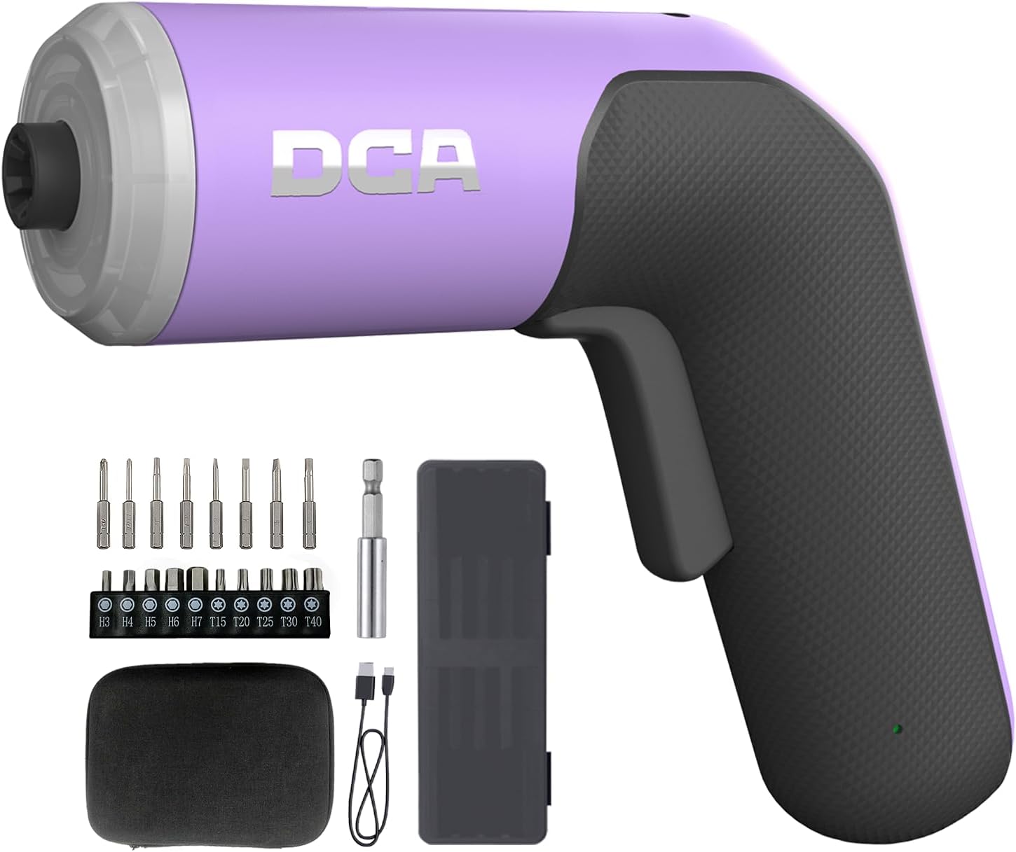 DCA 4V Electric Screwdriver Set, 5 N.m with 2000 mAh Li-ion Battery, 1/4" Magnetic Hex Chuck, USB-C Charging Cable, 18 Driver Bits for Furniture Repairs, Purple
