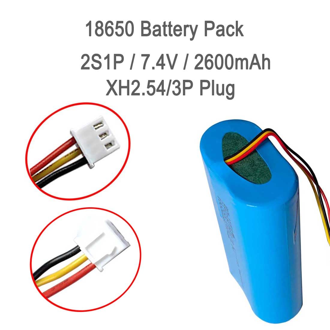 AOLIKES Lot de 2 batteries lithium-ion rechargeables 18650 2s1p 2600 mAh 7,4 V avec connecteur XH2,54/3p/cellules 5C/prend en charge la charge rapide/batterie 8,4 V