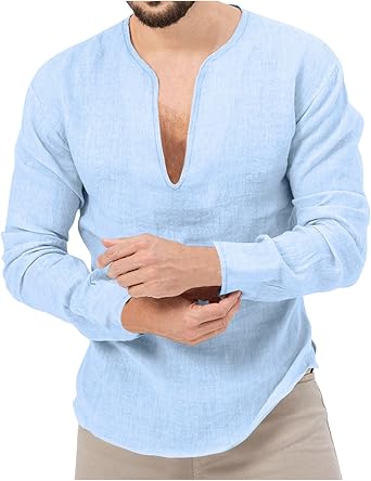 Mens T Shirts Casual Loose Linen Long Sleeve Sexy V Neck Solid Pullover Shirt Regular Fit Work Beach Tees Clothes