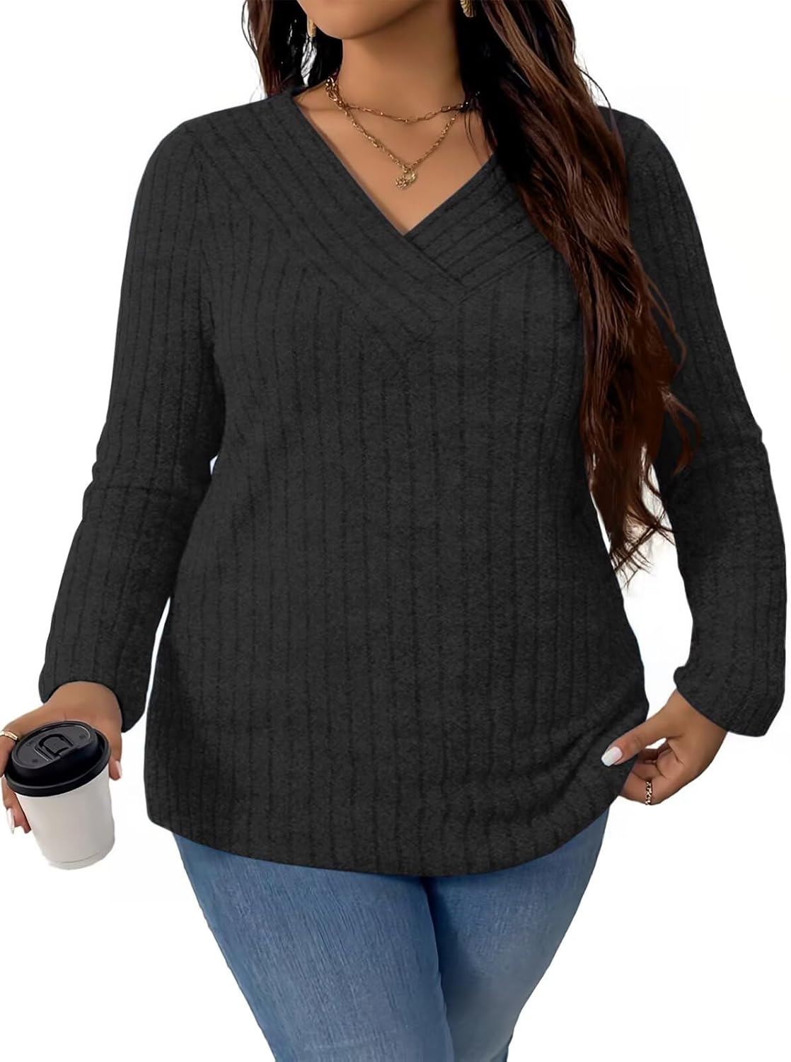 VISLILY Plus-Size-Sweaters for Women Trendy Long Sleeve V Neck Shirts Loose Lightweight Tops Casual Knit Pullover Tunics - Image 2
