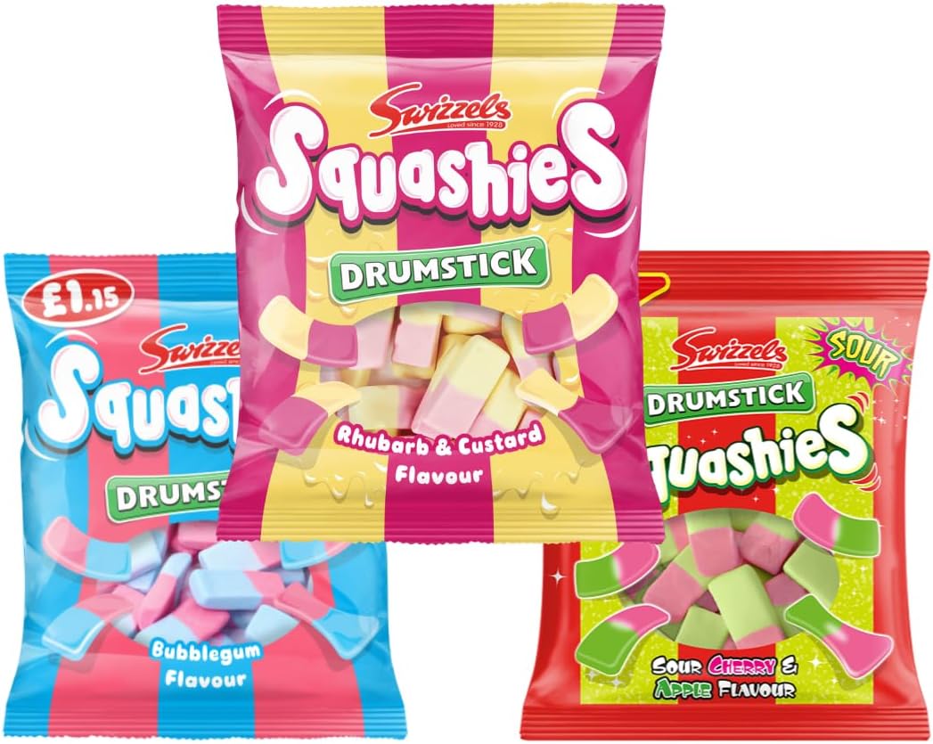 Squashie DrumStick Candies Variety Multipack - 3 Pack BUNDLE - (120g each) - IMPORTED FROM THE UK (Rhubarb & Custard, Bubblegum and Cherry & Apple)