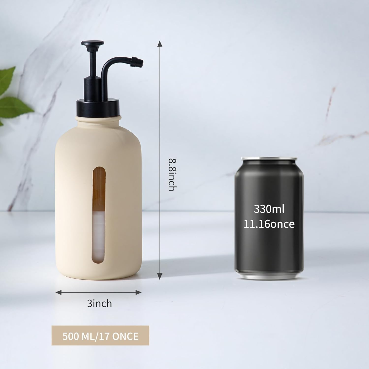 Enra Beige Soap Dispenser with Window,17oz Glass Hand Soap Dispenser Stainless Steel Hand Pump,Countertop Lotion Bottle for Bathroom Kitchen (Beige-Liquid) - Image 5