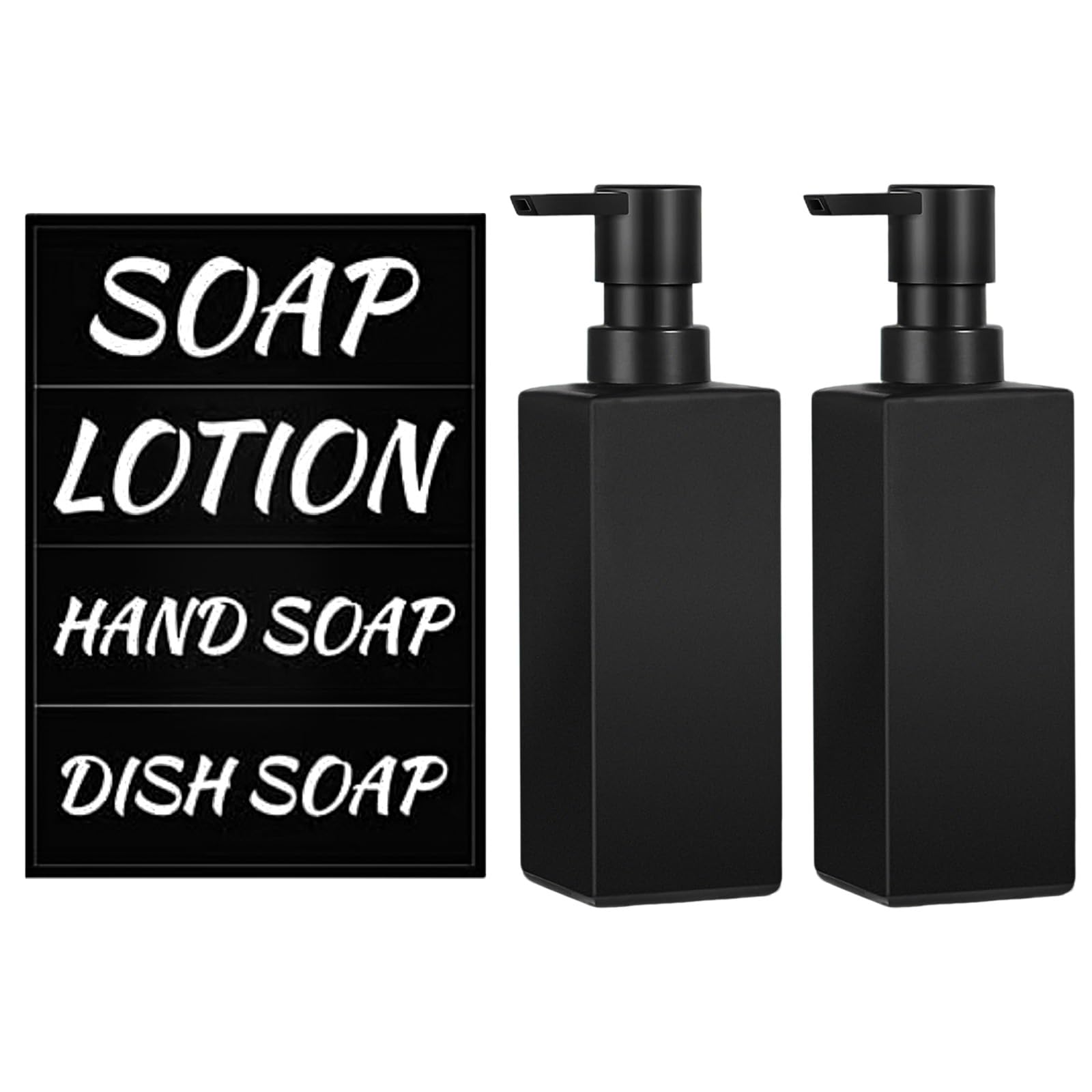 Soap Dispenser Black Pack of 2 - Elegant Square Design, Non-Slip & Robust Plastic - 350 ml Large Volume for Bathroom, Kitchen - Household & Hotel Supplies