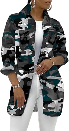 SeNight Womens Camo Denim Jacket Frayed Hem Distressed Trucker Coat | Camo Denim Jacket Frayed Hem Fringed Distressed Long Sleeve Trucker Coat