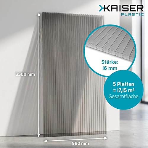 KAISER plastic® Doppelstegplatten Anthrazit-Grau PC [16/20 mm] – Made in Germany | Schlagfeste Hohlkammerplatten für Terrasse & Carport | 3er, 4er oder 5er Set | Längen: 2m – 4m (5, 98 x 350 cm)