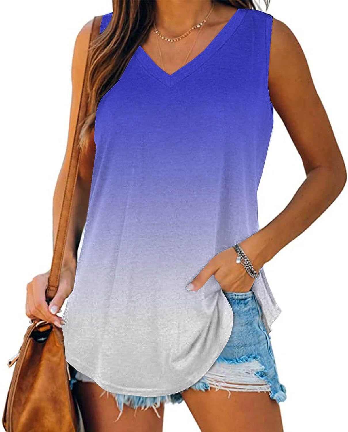 V Neck Tank Tops for Women Summer Sleeveless Casual Loose Fit Cami Shirts Gradient Color Flowy Basic Tees Outfits