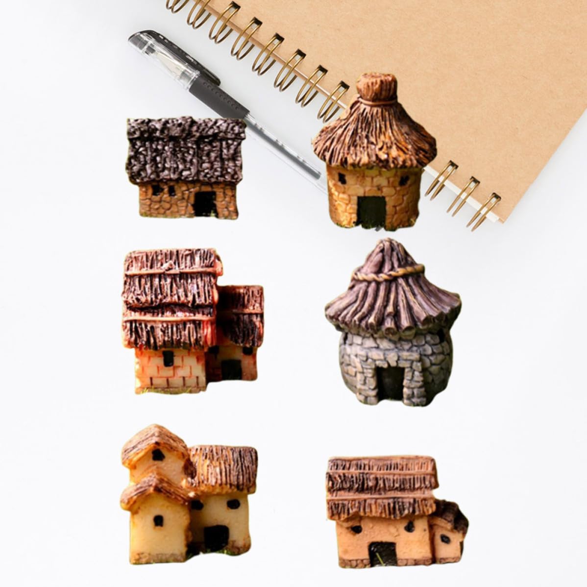 VANZACK 6pcs Pastoral Style Mini Thatched House Resin Ornament