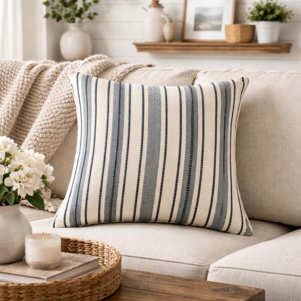 Fennco Styles Navy Blue and Cream Striped Filled Throw Pillow 18" X 18" - Textured Vertical Stripe Farmhouse Decorative Cushion for Couch, Bed, Living Room Décor, 1-Pack